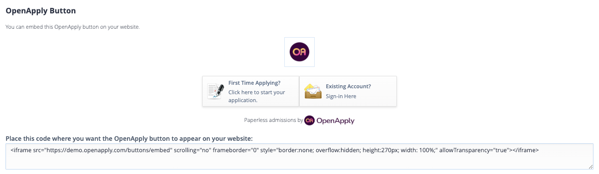Captura de pantalla: También puedes encontrar el código HTML para insertar un botón de OpenApply en el sitio web de tu escuela.