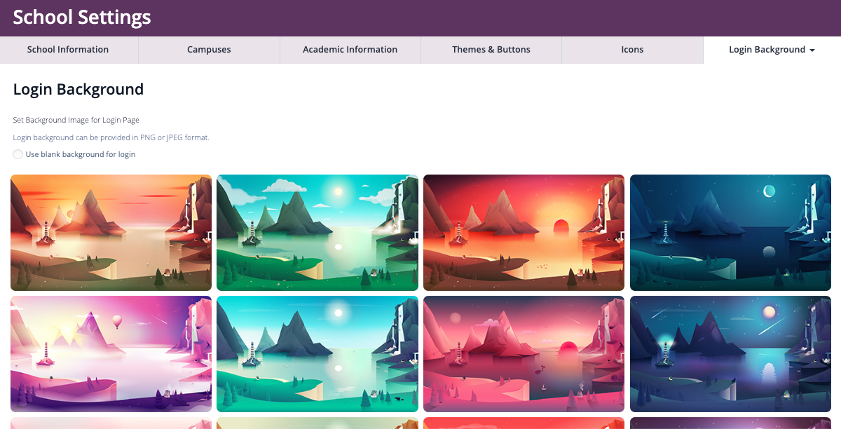 Captura de pantalla: Seleccione una de nuestras imágenes de fondo preestablecidas o cargue su propia imagen de fondo para su página de inicio de sesión de OpenApply.
