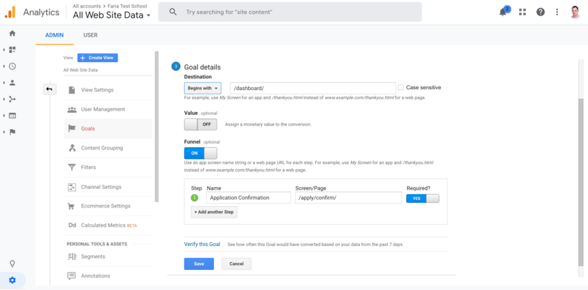 Captura de pantalla: Google Analytics comenzará a realizar un seguimiento de este objetivo después de que se hayan guardado los ajustes.