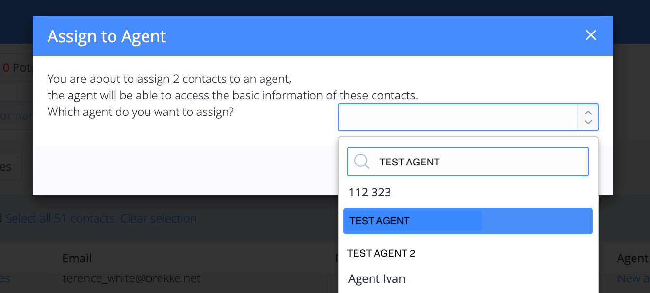 Captura de pantalla: Asignación de un agente a un contacto de CRM: asignar a agente