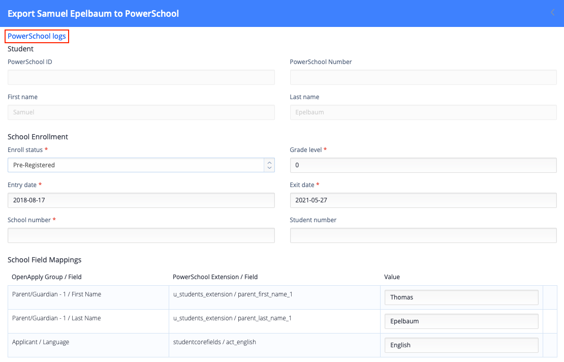 Captura de pantalla: Una vez que haya sincronizado un estudiante con PowerSchool, vaya a la página de sincronización de PowerSchool para ese estudiante y luego haga clic en