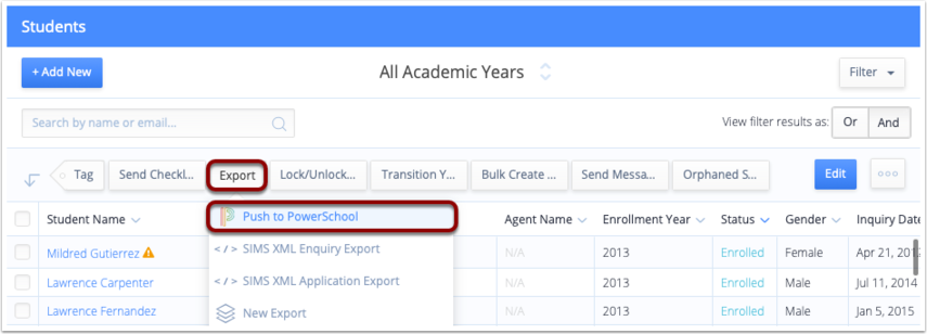 屏幕截图：您可以选择通过“学生（或申请人名册）”>“导出”>“推送至 PowerSchool”将数据推送至 PowerSchool。