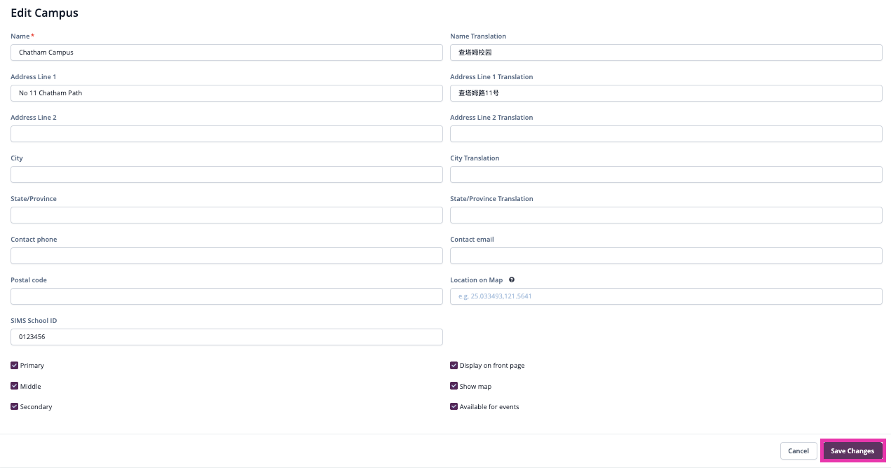 Captura de pantalla: Desde aquí puede editar el nombre del campus, la información de ubicación, los programas disponibles, la visualización de la página principal y el recorrido.