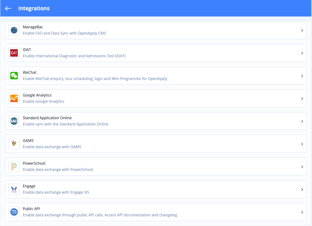 Captura de pantalla: En OpenApply, vaya a Configuración > Integraciones > PowerSchool para configurar sus ajustes de sincronización.