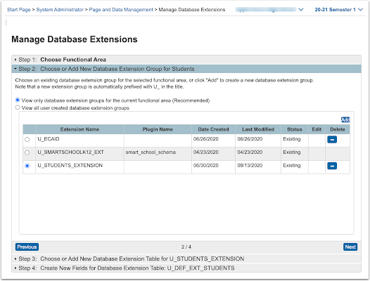 Captura de pantalla: La escuela puede encontrar sus extensiones de base de datos en Página de inicio > Administrador del sistema > Gestión de páginas y datos >