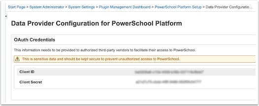 屏幕截图：使用您的 PowerSchool 服务器 URL（服务器完全限定域名）、客户端 ID 和客户端配置 OpenApply