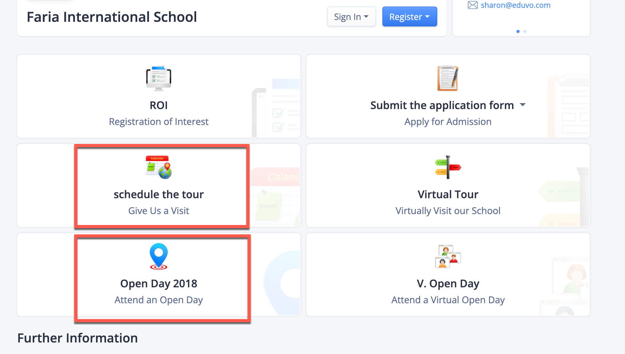 Captura de pantalla: Si su escuela ofrece visitas guiadas y/o jornadas de puertas abiertas, aparecerán botones debajo del nombre de la escuela y en el panel izquierdo.