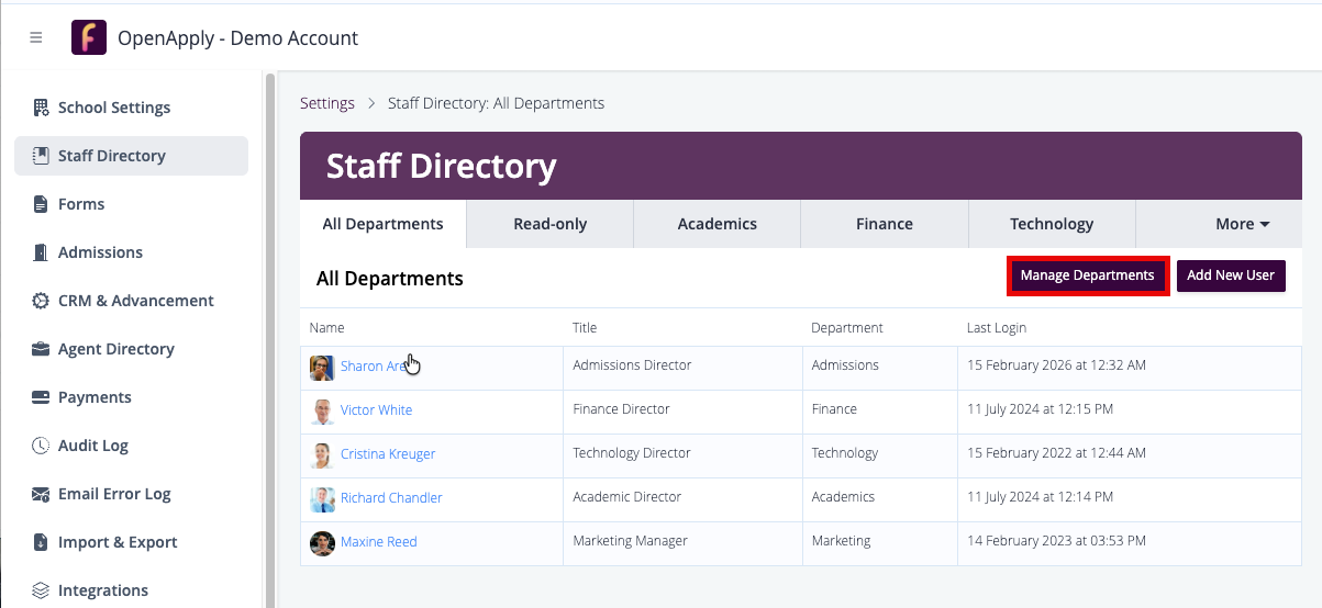 Captura de pantalla: Para realizar cambios en los departamentos, vaya a Configuración > Directorio de personal > Administrar departamentos.