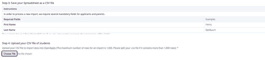 Screenshot: Step 3 required fields and Step 4 upload with Choose File highlighted