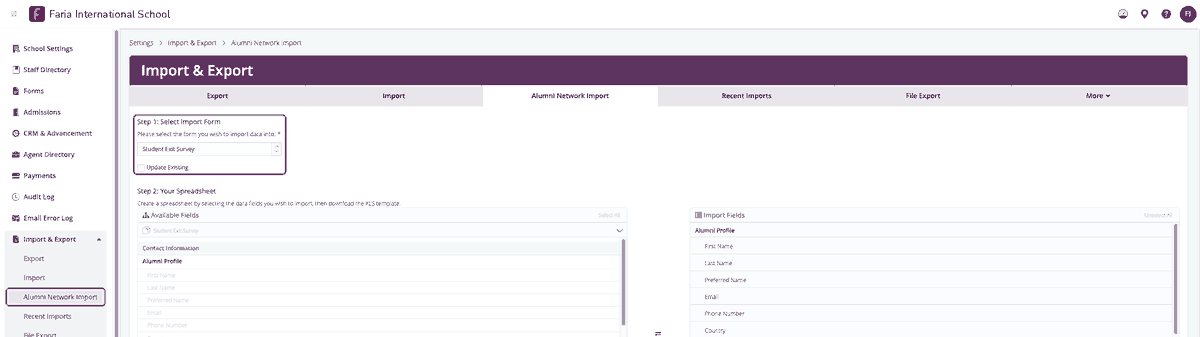 Screenshot: the Alumni Network Import tab under Settings, Import and Export, with Step 1 highlighted