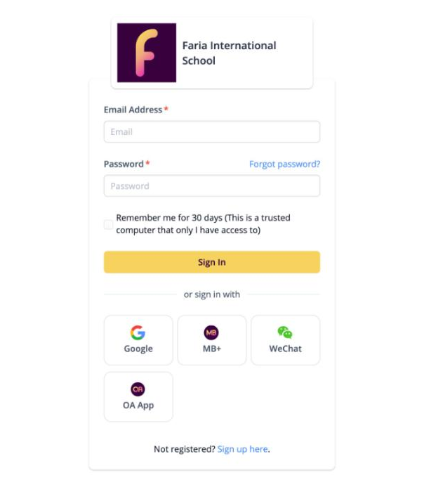 Screenshot: the parent Sign In page with email, password and other sign-in options