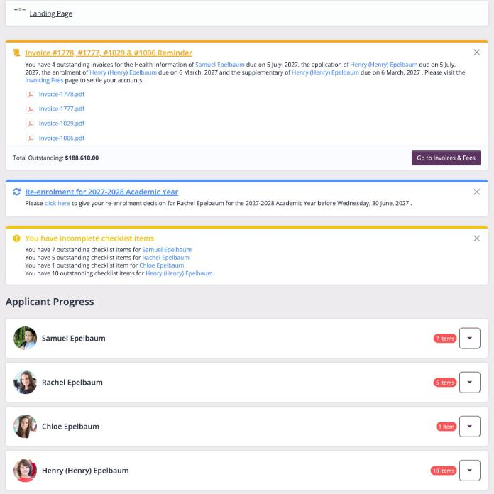 Screenshot: Parent Dashboard with invoice, re-enrolment and checklist reminders and Applicant Progress