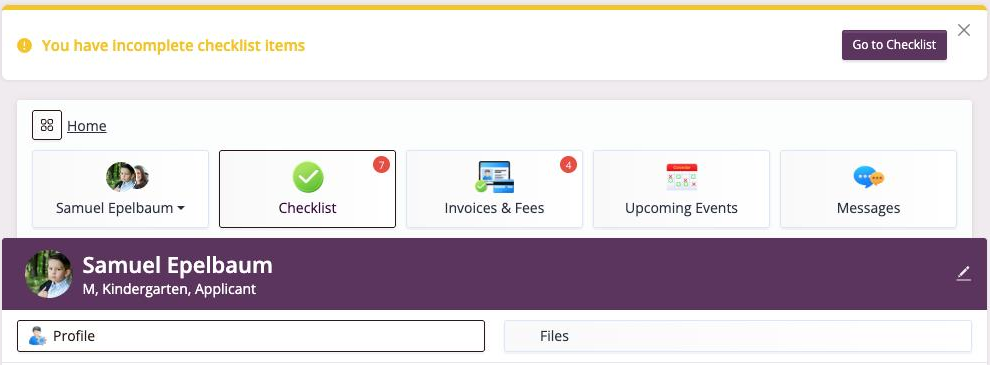 Screenshot: child's profile with the child switcher and section buttons
