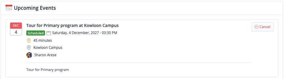 Screenshot: Upcoming Events section with a scheduled tour and Cancel button
