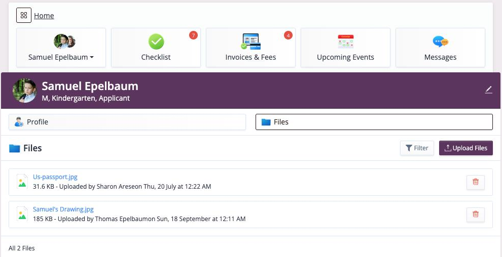 Screenshot: Files tab of a child's profile with Upload Files