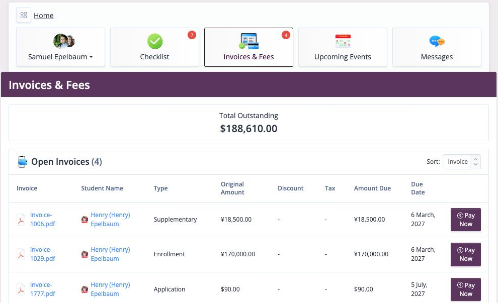 Screenshot: Invoices & Fees page with Total Outstanding, Open Invoices and Pay Now