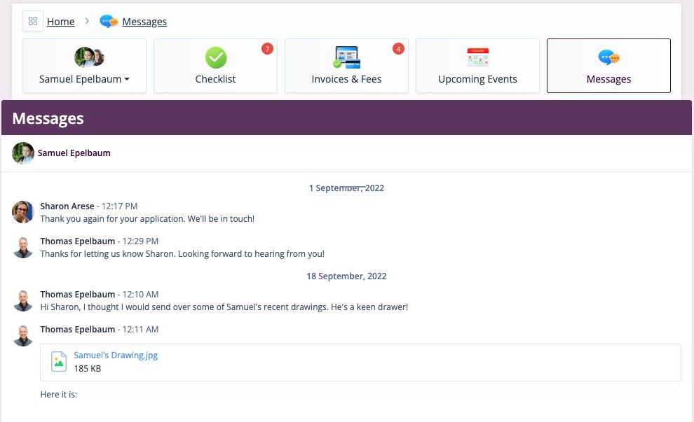 Screenshot: Messages page for a child