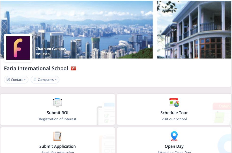 Screenshot: school home page with Submit ROI, Schedule Tour, Submit Application and Open Day