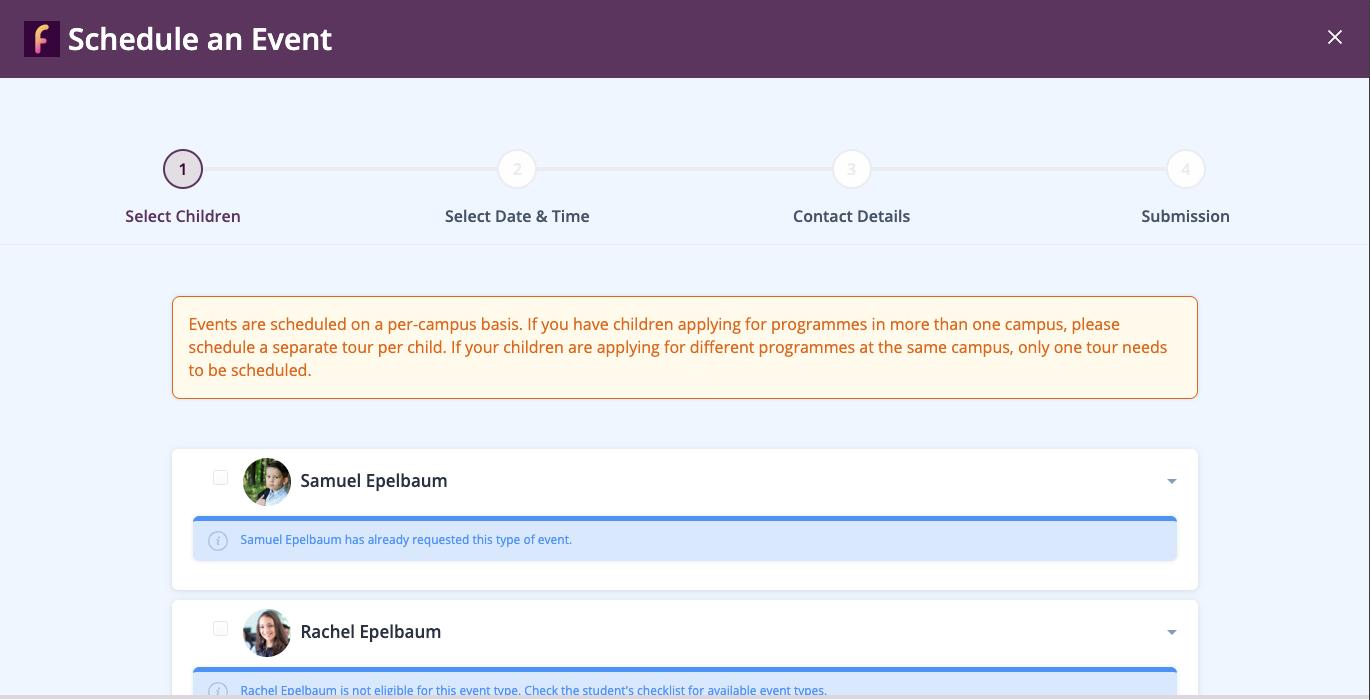 Screenshot: Schedule an Event with its four steps