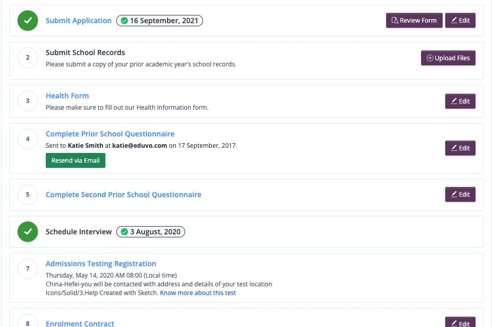 Screenshot: Application Checklist with completed and outstanding items