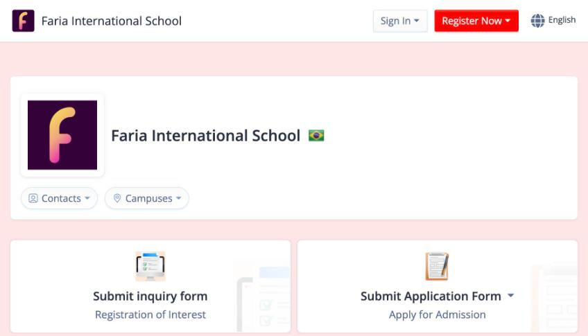 Screenshot: a school's OpenApply home page with the enquiry and application forms