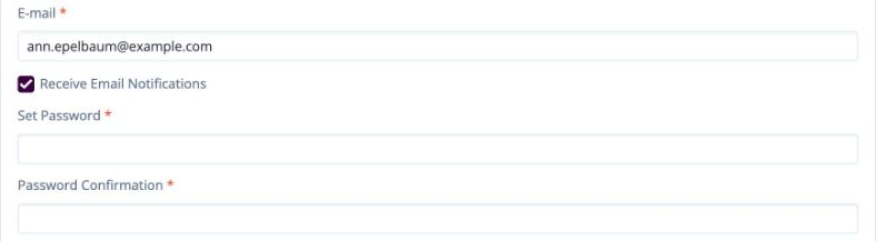 Screenshot: parent email address, Set Password and Password Confirmation fields on the form