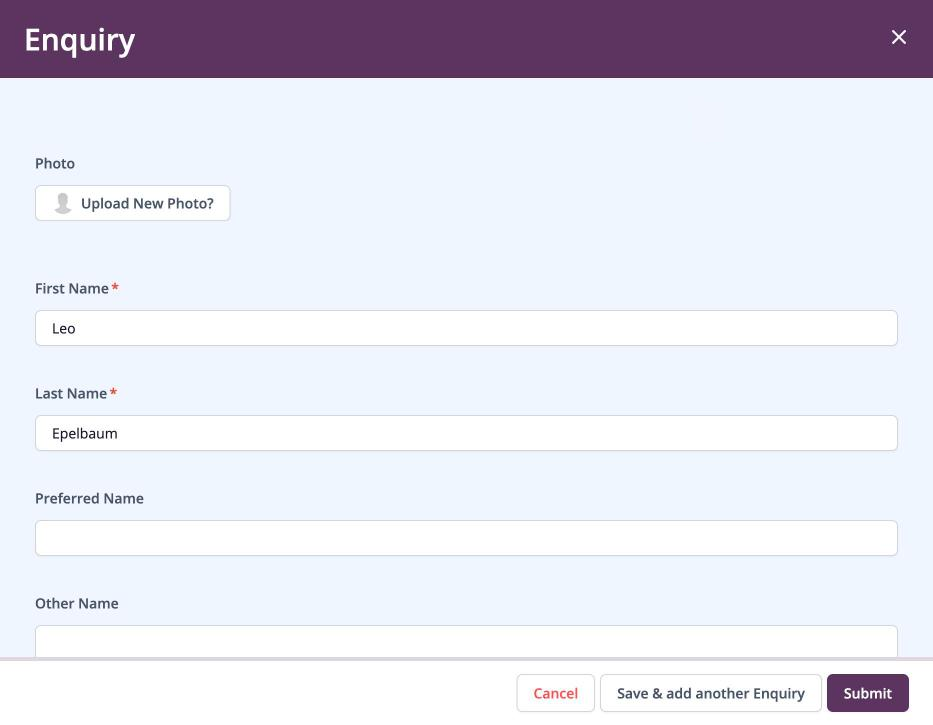 Screenshot: Enquiry form with Cancel, Save & add another Enquiry and Submit