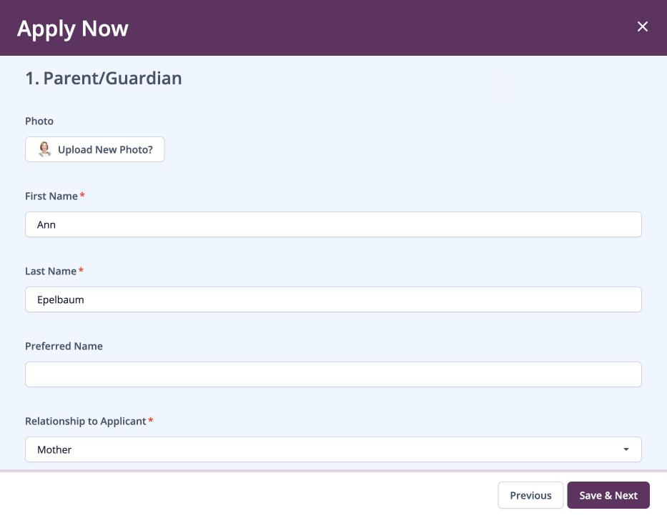Screenshot: Parent Information step with the parent's details already filled in