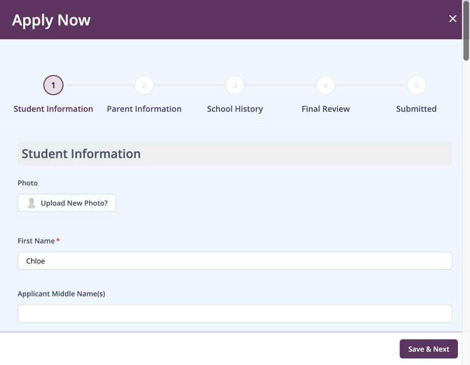 Screenshot: Apply Now form showing the steps, required fields and Save & Next