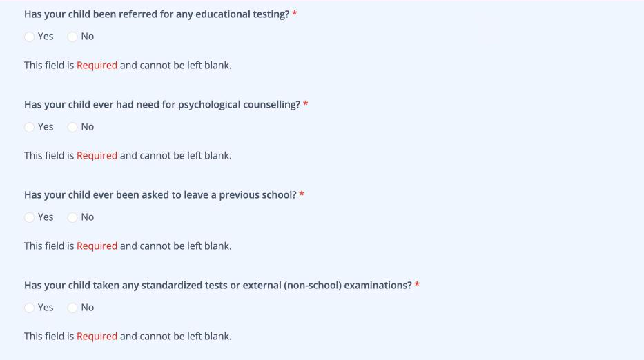 Screenshot: required questions with the message This field is Required and cannot be left blank