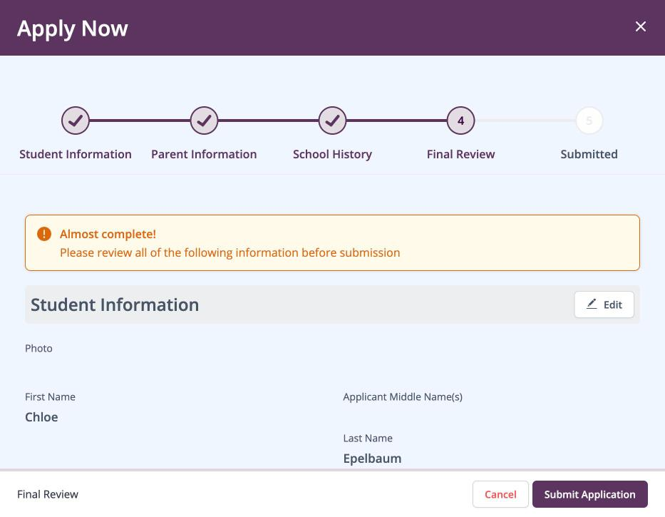 Screenshot: Final Review step with Edit and Submit Application