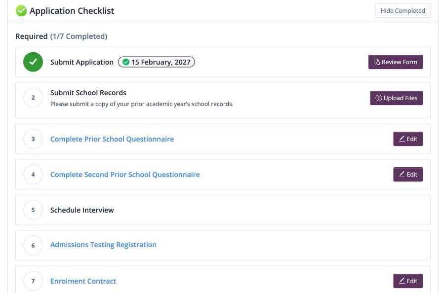 Screenshot: Application Checklist after submitting, with Submit Application ticked and the next tasks listed
